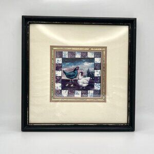 VTG Framed Country Folk Art Chicken Hen Print Cottage Farmhouse Quilt Style